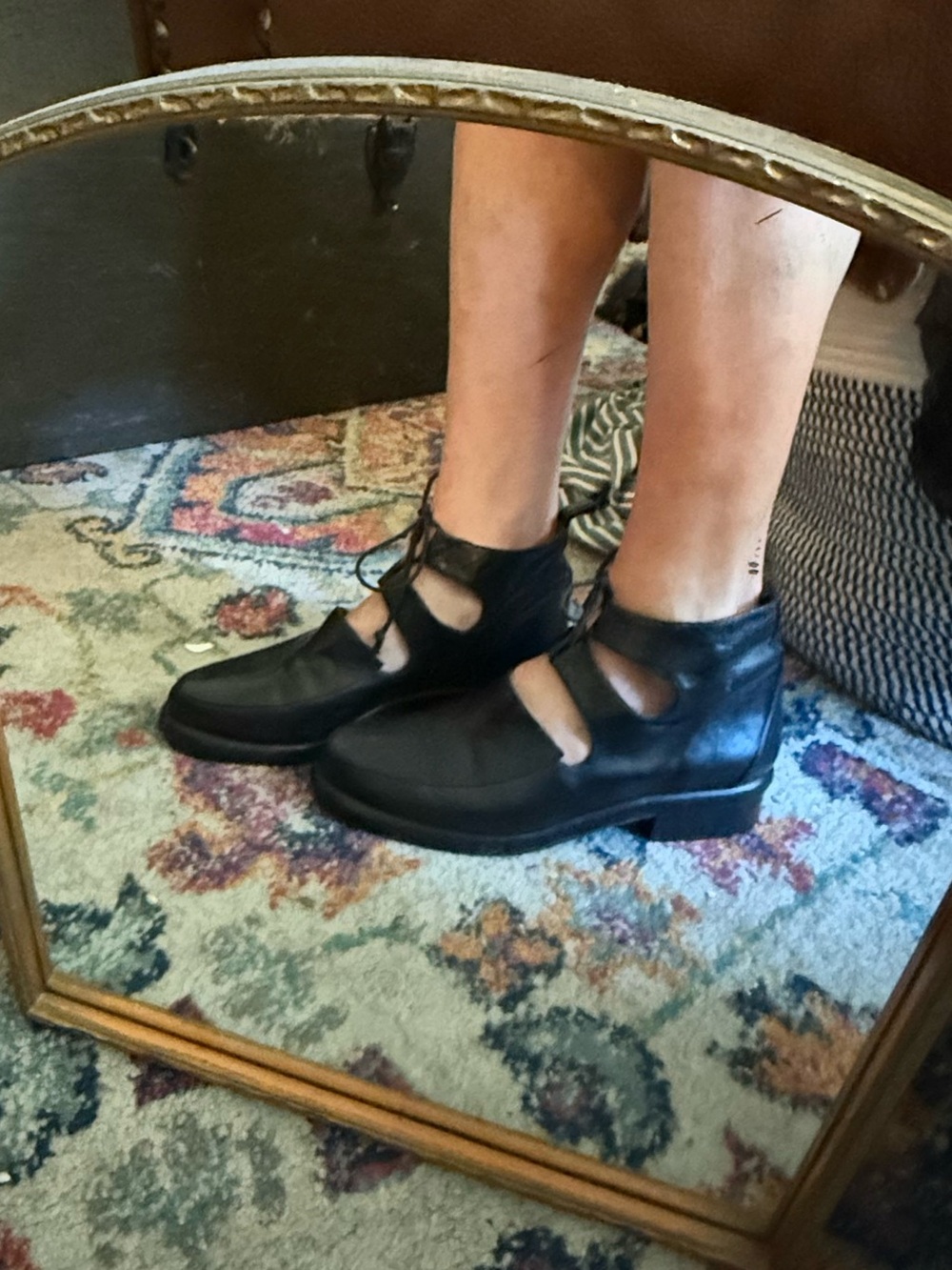 STRATEGIA Black Cutout Lace-Up Ankle Booties
